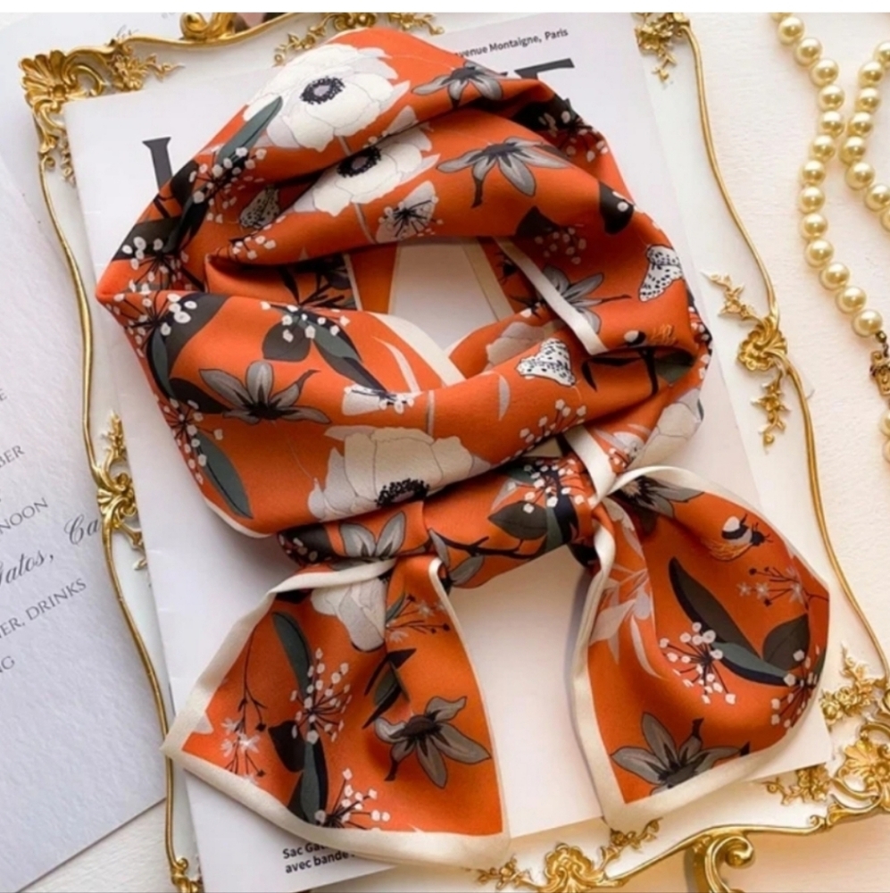 Orange/Ivory Peony/Tiger Print Neck Scarf NEW in Package